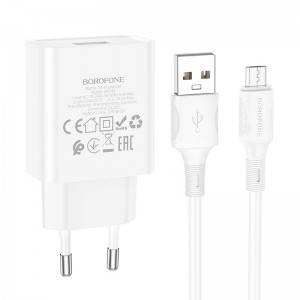 Адаптер мережевий BOROFONE Micro USB Cable Aspirer single port charger set BA74A |1USB, 2.1A| white