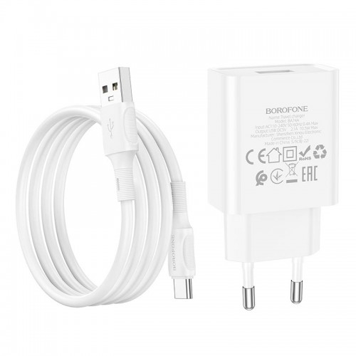 Адаптер мережевий BOROFONE Type-C Cable Aspirer single port charger set BA74A |1USB, 2.1A| white