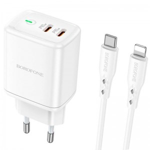 Адаптер мережевий BOROFONE Type-C to Lightning Cable Reacher dual Port charger set BN9 |2Type-C, 35W/3A, PD/QC| white