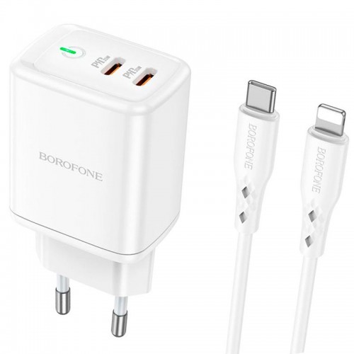 Адаптер мережевий BOROFONE Type-C to Lightning Cable Reacher dual Port charger set BN9 |2Type-C, 35W/3A, PD/QC| white