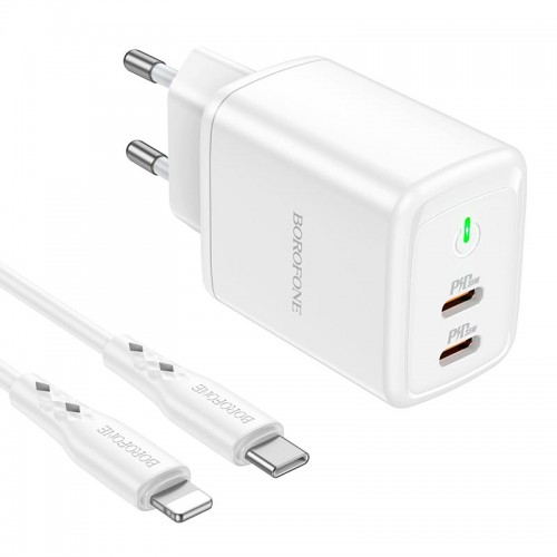 Адаптер мережевий BOROFONE Type-C to Lightning Cable Reacher dual Port charger set BN9 |2Type-C, 35W/3A, PD/QC| white