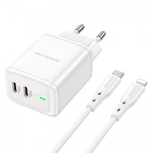 Адаптер мережевий BOROFONE Type-C to Lightning Cable Reacher dual Port charger set BN9 |2Type-C, 35W/3A, PD/QC| white