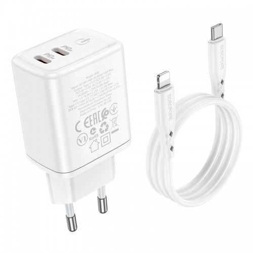 Адаптер мережевий BOROFONE Type-C to Lightning Cable Reacher dual Port charger set BN9 |2Type-C, 35W/3A, PD/QC| white
