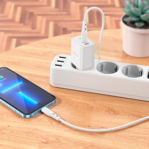 Адаптер мережевий BOROFONE Type-C to Lightning Cable Reacher dual Port charger set BN9 |2Type-C, 35W/3A, PD/QC| white