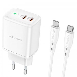 Адаптер мережевий BOROFONE Type-C to Type-C cable Reacher dual Port charger set BN9 |2Type-C, 35W/3A, PD/QC| white