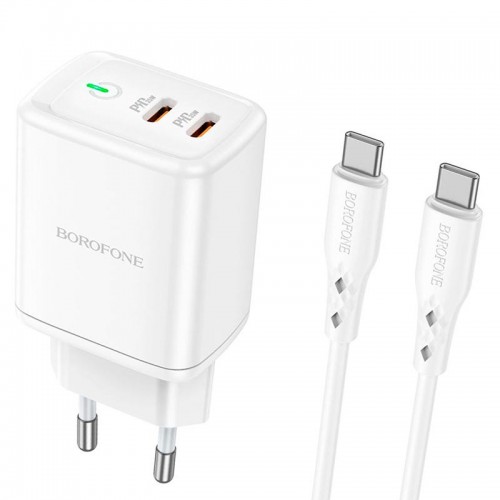 Адаптер мережевий BOROFONE Type-C to Type-C cable Reacher dual Port charger set BN9 |2Type-C, 35W/3A, PD/QC| white