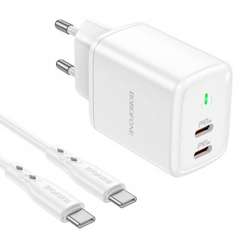 Адаптер мережевий BOROFONE Type-C to Type-C cable Reacher dual Port charger set BN9 |2Type-C, 35W/3A, PD/QC| white