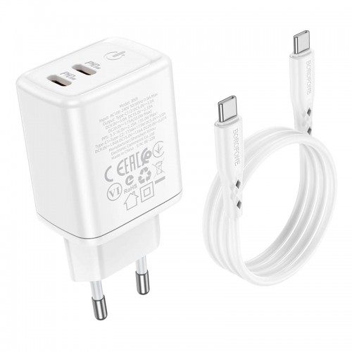 Адаптер мережевий BOROFONE Type-C to Type-C cable Reacher dual Port charger set BN9 |2Type-C, 35W/3A, PD/QC| white