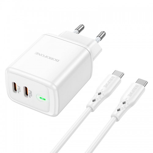 Адаптер мережевий BOROFONE Type-C to Type-C cable Reacher dual Port charger set BN9 |2Type-C, 35W/3A, PD/QC| white