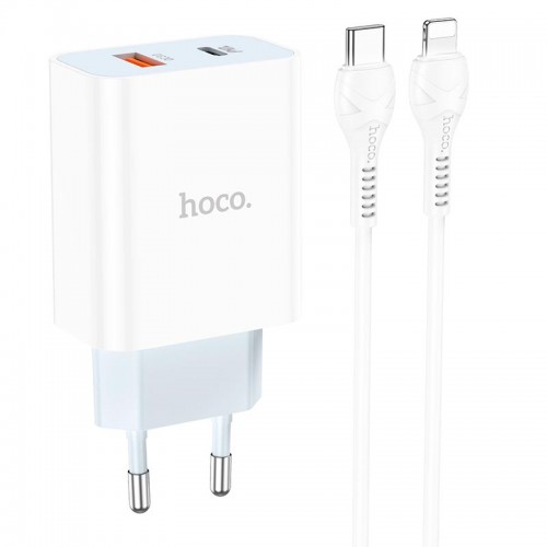 Адаптер мережевий Hoco Type-C to Lightning charger set C97A |1USB/1Type-C, 20W/3A, QC/PD| white