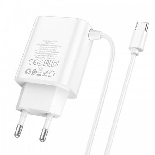 Адаптер мережевий Hoco Type-C Cable Courser dual-port charger C103A |2USB, 2.1A| white