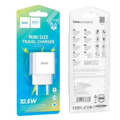 Адаптер мережевий HOCO Leisure single port charger C106A |1USB, 10.5W/2.1A| white