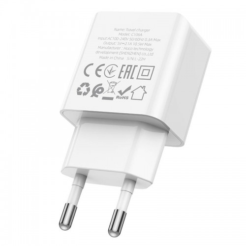Адаптер мережевий HOCO Leisure single port charger C106A |1USB, 10.5W/2.1A| white