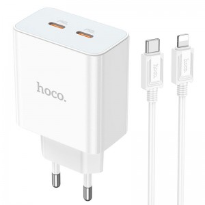 Адаптер мережевий HOCO Type-C to Lightning Cable Leader dual port (2C) charger C108A |2Type-C, 35W/3A, PD/QC| white