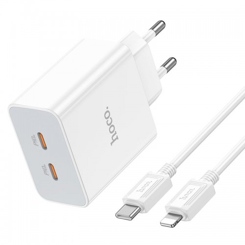 Адаптер мережевий HOCO Type-C to Lightning Cable Leader dual port (2C) charger C108A |2Type-C, 35W/3A, PD/QC| white