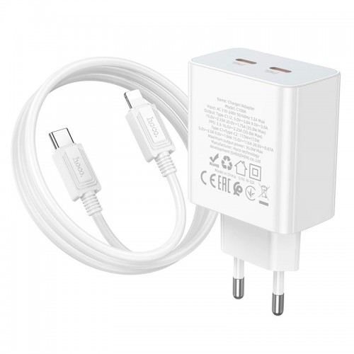 Адаптер мережевий HOCO Type-C to Lightning Cable Leader dual port (2C) charger C108A |2Type-C, 35W/3A, PD/QC| white