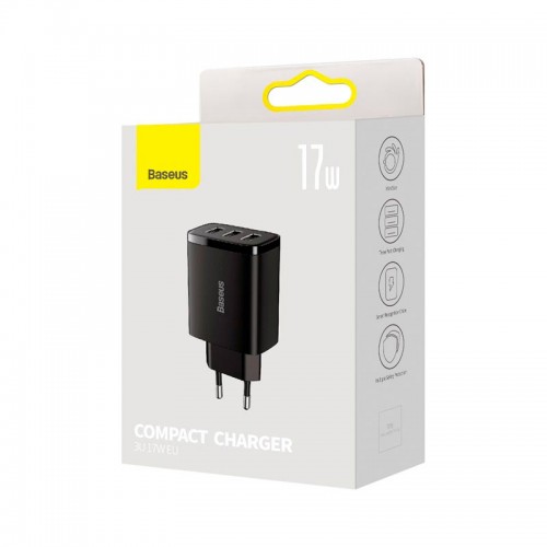 Адаптер мережевий Baseus Compact Charger 3U 17W EU |3USB, QC, 3.4A| (CCXJ020102) black