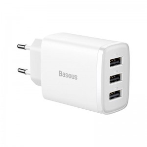 Адаптер мережевий Baseus Compact Charger 3U 17W EU |3USB, QC, 3.4A|  (CCXJ020102) white