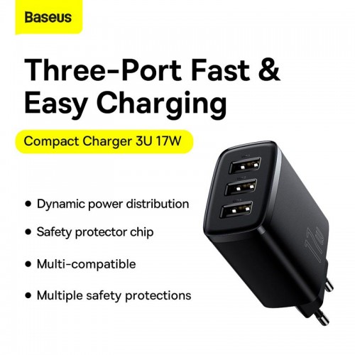 Адаптер мережевий Baseus Compact Charger 3U 17W EU |3USB, QC, 3.4A| (CCXJ020102) white