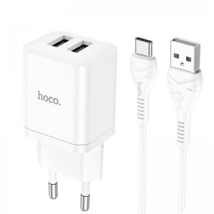 Адаптер мережевий Hoco Type-C Cable Maker dual Port charger set N25 |2USB, 2.1A| white