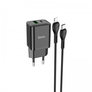 Адаптер мережевий Hoco Type-C to Lightning Cable founder charger set N28 |1USB/1Type-C, 20W/3A, PD/QC| black