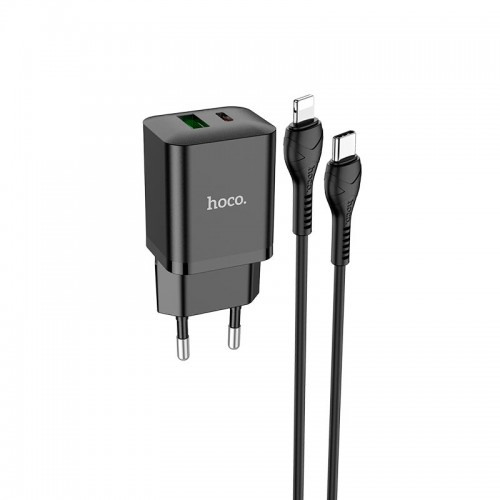Адаптер мережевий Hoco Type-C to Lightning Cable founder charger set N28 |1USB/1Type-C, 20W/3A, PD/QC| black