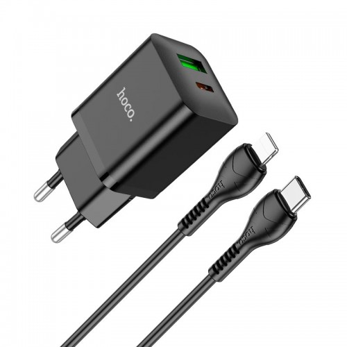Адаптер сетевой Hoco Type-C to Lightning Cable founder charger set N28 |1USB/1Type-C, 20W/3A, PD/QC| черный
