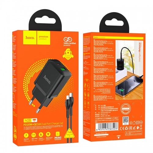 Адаптер сетевой Hoco Type-C to Lightning Cable founder charger set N28 |1USB/1Type-C, 20W/3A, PD/QC| белый
