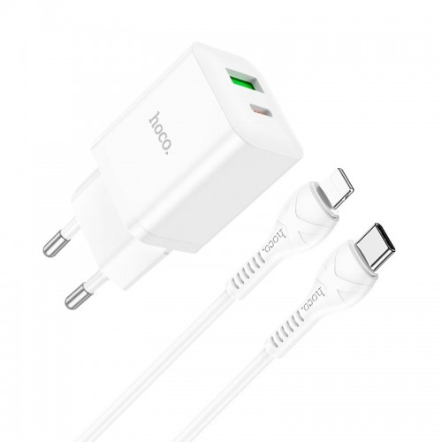 Адаптер мережевий Hoco Type-C to Lightning Cable founder charger set N28 |1USB/1Type-C, 20W/3A, PD/QC| white