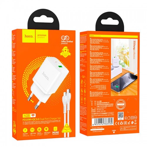 Адаптер мережевий Hoco Type-C to Lightning Cable founder charger set N28 |1USB/1Type-C, 20W/3A, PD/QC| white