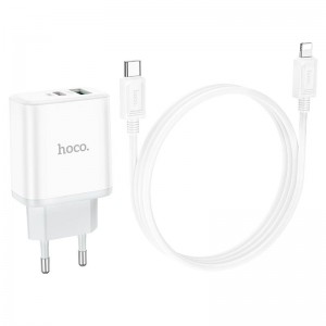 Адаптер мережевий HOCO Type-C to Lightning Cable Stage dual Port charger set C105A |1USB/1Type-C, 20W/3A, PD/QC| white