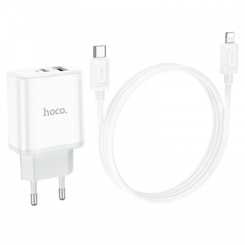 Адаптер мережевий HOCO Type-C to Lightning Cable Stage dual Port charger set C105A |1USB/1Type-C, 20W/3A, PD/QC| white
