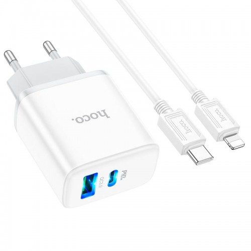 Адаптер мережевий HOCO Type-C to Lightning Cable Stage dual Port charger set C105A |1USB/1Type-C, 20W/3A, PD/QC| white