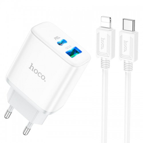 Адаптер мережевий HOCO Type-C to Lightning Cable Stage dual Port charger set C105A |1USB/1Type-C, 20W/3A, PD/QC| white