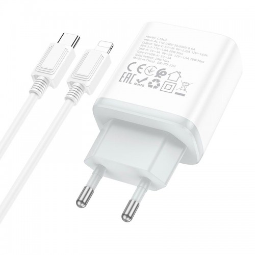 Адаптер мережевий HOCO Type-C to Lightning Cable Stage dual Port charger set C105A |1USB/1Type-C, 20W/3A, PD/QC| white
