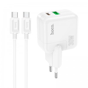 Адаптер мережевий HOCO Type-C to Type-C Cable Lucky dual-port charger set C111A |1USB/1Type-C, 30W/3A, PD/QC| white