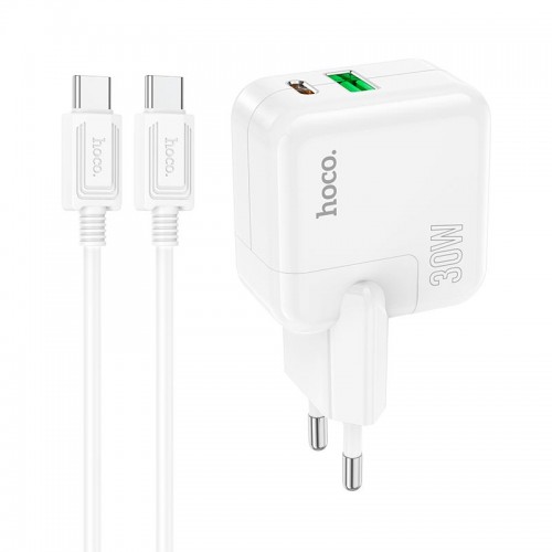 Адаптер мережевий HOCO Type-C to Type-C Cable Lucky dual-port charger set C111A |1USB/1Type-C, 30W/3A, PD/QC| white