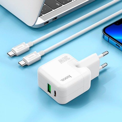 Адаптер мережевий HOCO Type-C to Type-C Cable Lucky dual-port charger set C111A |1USB/1Type-C, 30W/3A, PD/QC| white