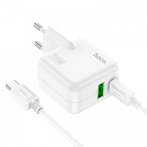 Адаптер мережевий HOCO Type-C to Type-C Cable Lucky dual-port charger set C111A |1USB/1Type-C, 30W/3A, PD/QC| white
