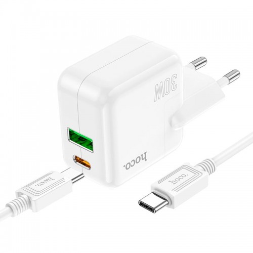 Адаптер мережевий HOCO Type-C to Type-C Cable Lucky dual-port charger set C111A |1USB/1Type-C, 30W/3A, PD/QC| white