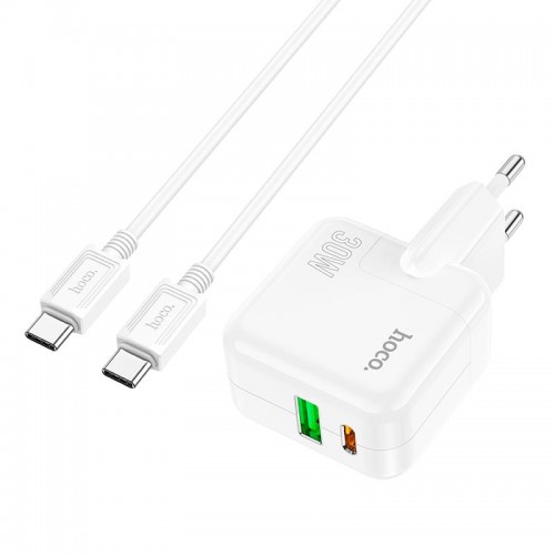 Адаптер мережевий HOCO Type-C to Type-C Cable Lucky dual-port charger set C111A |1USB/1Type-C, 30W/3A, PD/QC| white