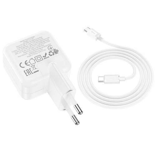Адаптер мережевий HOCO Type-C to Type-C Cable Lucky dual-port charger set C111A |1USB/1Type-C, 30W/3A, PD/QC| white