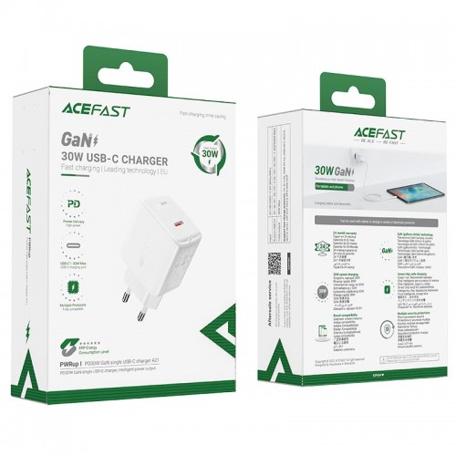 Адаптер мережевий ACEFAST GaN A21 |1Type-C, 30W/3A, PD/QC| black