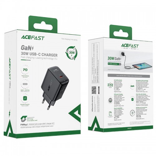 Адаптер мережевий ACEFAST GaN A21 |1Type-C, 30W/3A, PD/QC| black