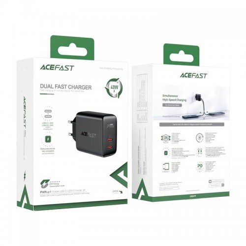 Адаптер мережевий ACEFAST A9 |2Type-C, 40W/3A, PD/QC| white