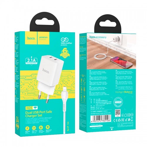 Адаптер сетевой HOCO Lightning Cable Maker dual port charger set N25 |2USB, 2.1A|