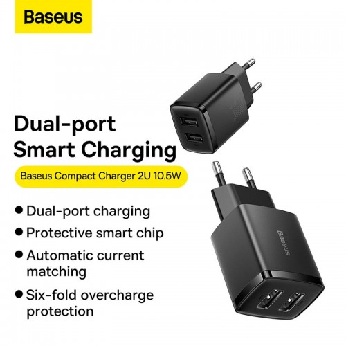 Адаптер мережевий Baseus Compact Charger 2U |2USB, 2.1A/10.5W| (CCXJ010201) black
