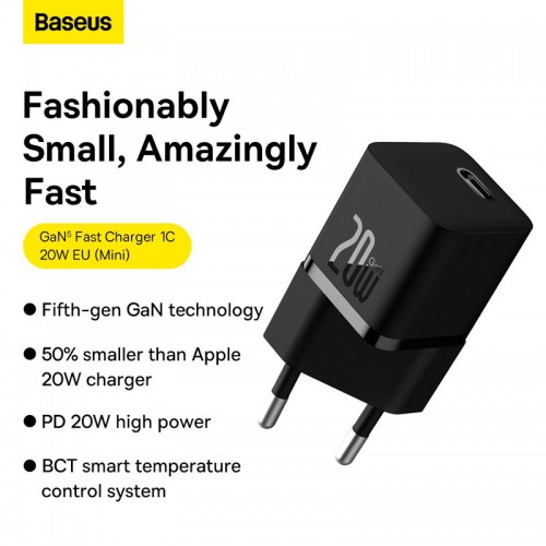 Адаптер мережевий OS-Baseus GaN5 Fast Charger (mini) 1C |1Type-C, QC/PD, 20W| black