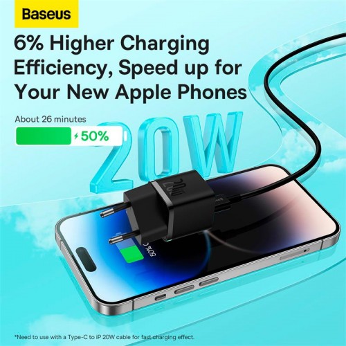 Адаптер мережевий OS-Baseus GaN5 Fast Charger (mini) 1C |1Type-C, QC/PD, 20W| black