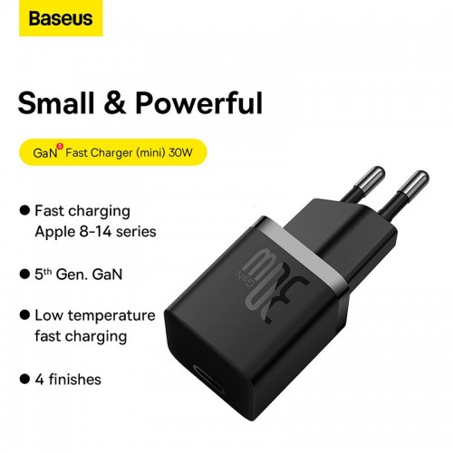 Адаптер мережевий OS-Baseus GaN5 Fast Charger (mini) 1C|1Type-C, QC/PD, 30W| black